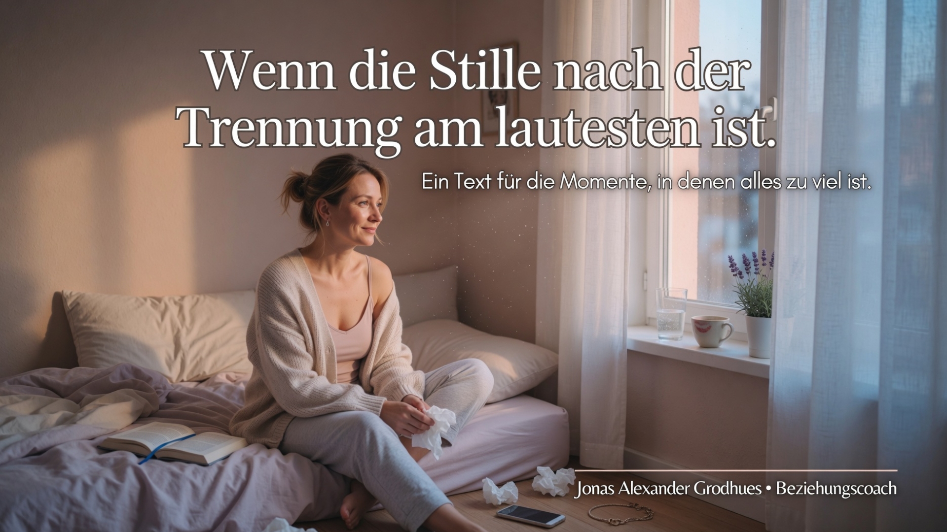 Frau im Morgenlicht auf einem Bett, nachdenklich zum Fenster blickend &ndash; Wenn die Stille nach der Trennung am lautesten ist
